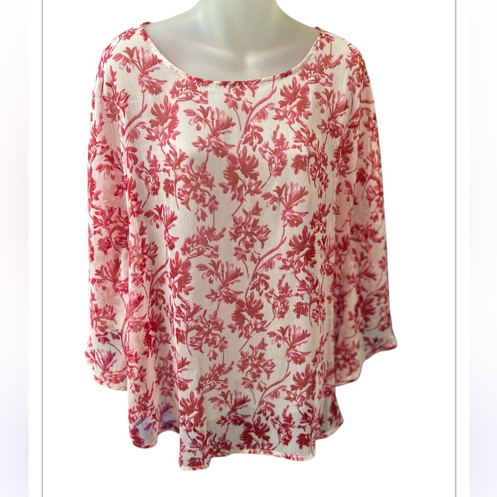 Charlie Paige Floral Chiffon Sheer Blouse size Large Dolman Sleeve Flowy